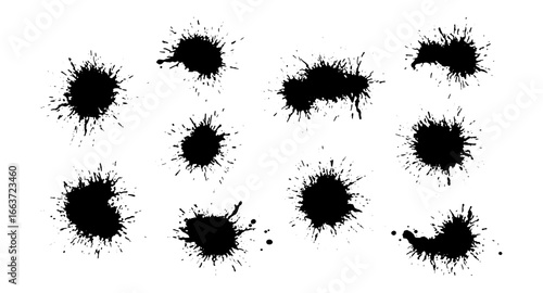 Various textured black ink splatters and blobs create a visually striking pattern against a clean white background, evoking raw artistry and abstract design possibilities
