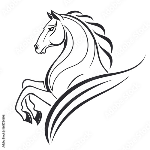 Elegant Horse Stallion Silhouette Black and White Vector Illustration Isolated on White