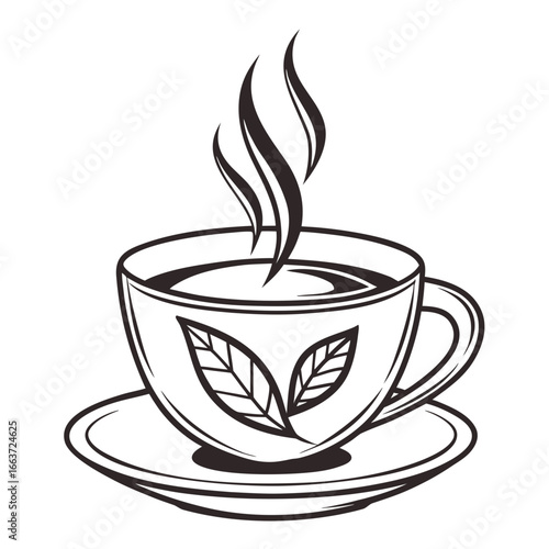 Elegant Tea Cup Illustration with Steam and Leaf Design in Black and White