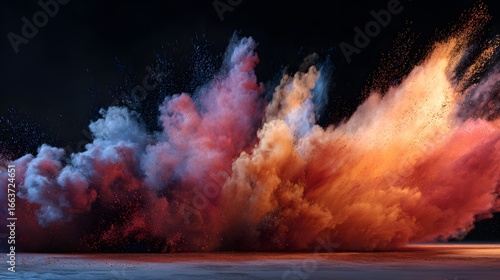Abstract splash of powder pigment in motion, captured mid-air with strong backlight 