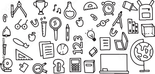 School Supplies Doodle Set – Stationery, Learning, Books, Pen, Pencil, Clipart, Education, Academic, Vector, Hand Drawn, Minimal, Cute, Illustration, Icon, Classroom, Study, Sketch, Cartoon