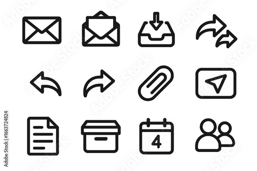 Set of 12 black email communication icons in flat vector style with white background, perfect for apps, UI kits, and messaging platforms.