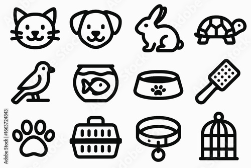 Set of 12 black pet care icons in flat vector style with white background, perfect for apps, adoption centers, and animal care projects.