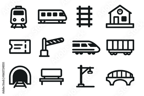 Set of 12 black rail and railroad icons in flat vector style with white background, perfect for transport apps, maps, and logistics projects.