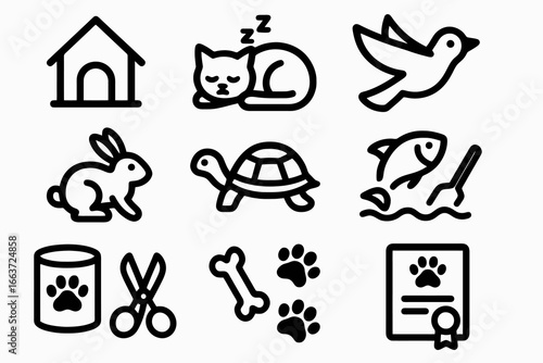 Set of 12 black pet and animal care icons in flat vector style with white background, perfect for adoption centers, apps, and pet stores.