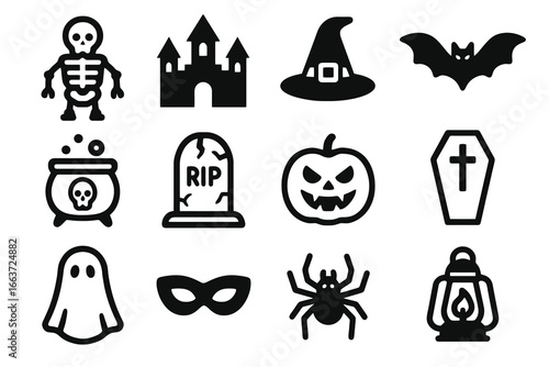 Set of 12 black Halloween scary icons in flat vector style with white background, ideal for apps, websites, and horror theme projects.