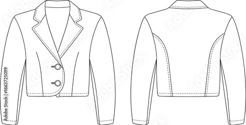 Cropped blazer jacket front and back view with stitching detail, cad drawing flat vector illustration, fashion design template, stylish outerwear sketch layout