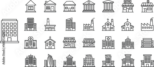 Building and infrastructure icon set featuring residential, commercial, industrial, and public facility symbols for architecture, urban planning, and real estate projects