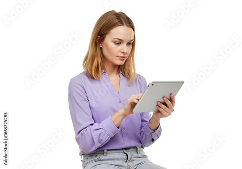 Young woman using a tablet, focused on the screen, browsing or working, transparent background