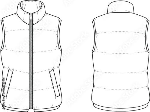 Flat Technical Sketch of Sleeveless Puffer Vest – Front and Back View Vector Template for Winter Fashion Design, Apparel CAD, and Outerwear Illustration