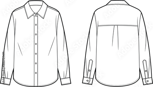 Flat Vector Template of Long Sleeve Classic Shirt with Buttoned Cuffs and Collar — Front and Back Technical Fashion Sketch for Apparel Design