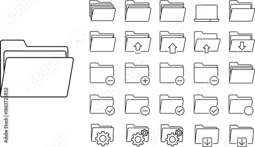 Folder and file management icon set featuring storage, organization, and action symbols for computer, software, and digital interface design projects