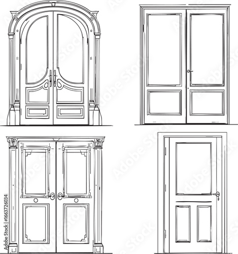 Four detailed architectural drawings of elaborate entry doors, showcasing intricate design elements.
