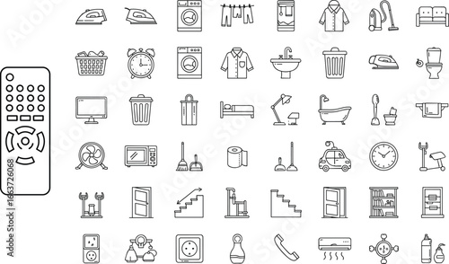 Household and cleaning icon set featuring furniture, appliances, tools, and daily essentials for home management, organization, and interior design projects