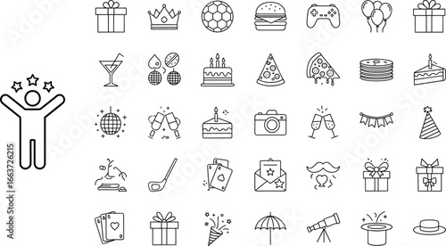 Party, food, and entertainment icon set featuring celebration, drinks, games, and decor symbols for event, leisure, and festival design projects