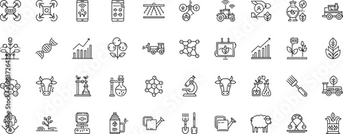 Smart agriculture and biotechnology icon set featuring drones, tractors, plants, DNA, livestock, and lab tools for farming and eco design projects