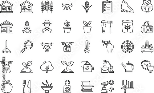 Smart agriculture and farming icon set featuring drones, plants, tools, data, and sustainable practices for eco, tech, and farming design projects