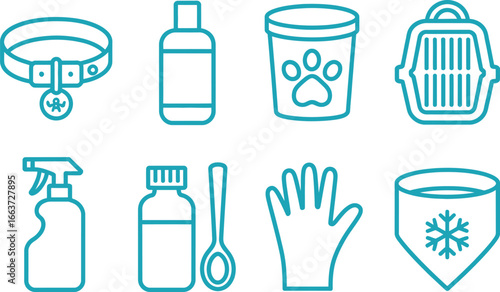 Teal Pet Care Icons, Collar, Carrier, Shampoo, Potion, Glove, Feeder on White