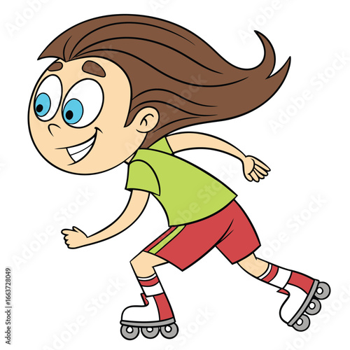 Cartoon figure rollerblading, with long brown hair, blue eyes, green shirt, red shorts with yellow stripes, white socks with red stripes, and white rollerblades, leaning forward.