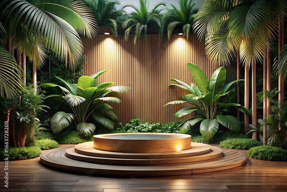 Fototapeta premium Tropical podium stage with plants for product display and presentation