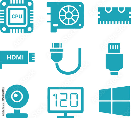 Teal Technology Icons Set with CPU, GPU, RAM, HDMI, Cables, Webcam, Monitor, OS