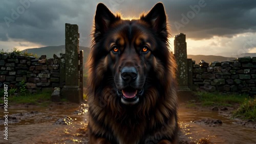 Gaunt monstrous dog with matted fur, glowing red eyes, guards decaying stone gate