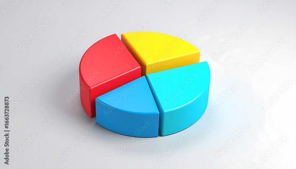 Fototapeta premium A colorful, three-dimensional pie chart displays various segments in bright red, yellow, and blue tones.