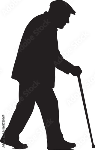 Black silhouette of an elderly man walking with a cane and wearing a flat cap vector