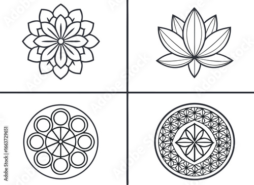 Four Geometric Lotus Flower Designs on Transparent Background pattern