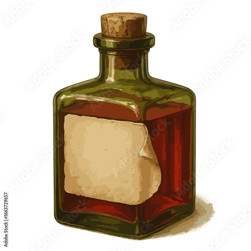Glass bottle with cork containing dark liquid on white background  