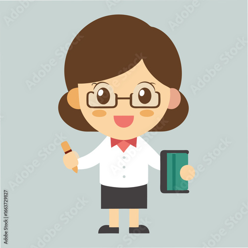 A cheerful cartoon illustration of a female teacher with glasses, holding a book and pen, symbolizing education and professional expertise