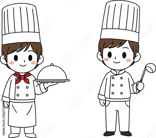 Cartoon Chefs in Uniform Holding Serving Dish and Ladle, Smiling Kitchen Staff Characters for Culinary, Cooking, Restaurant and Food Concepts