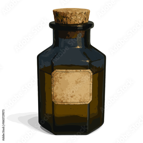 Vintage glass bottle with cork stopper and blank label  