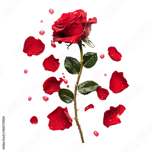 Red roses with petals and droplets including a single isolated on transparent background