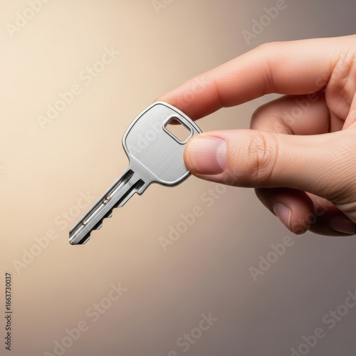 Female hand holding silver key against neutral background
