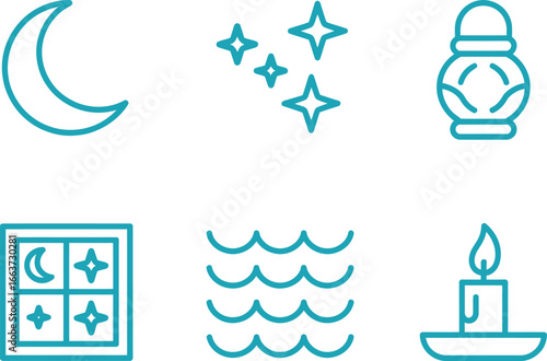 Turquoise Line Art Icons Moon, Stars, Lantern, Window, Waves, and Candle on White