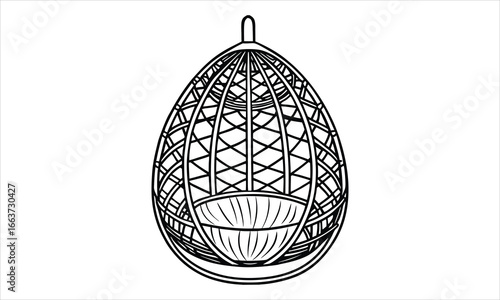 A woven wicker egg-shaped hanging chair vector t shirt design silhouette and vector line art, High-Quality Illustration, Ideal for Stress Relief, Printable Art, Mindfulness, Coloring.