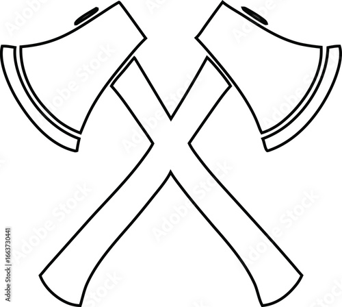 crossed axes outline vector on white background, great for lumberjack icons, camping emblems, forestry branding, and outdoor adventure designs.