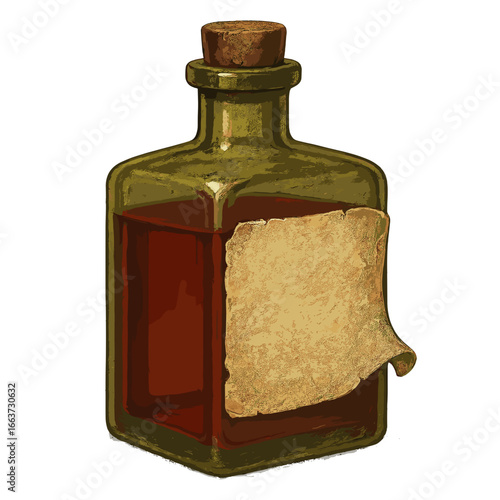Vintage glass bottle with cork and blank label filled with liquid  