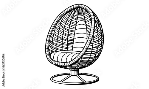 A woven wicker egg-shaped hanging chair vector t shirt design silhouette and vector line art, High-Quality Illustration, Ideal for Stress Relief, Printable Art, Mindfulness, Coloring.