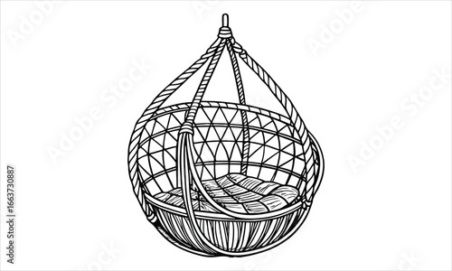 A woven wicker egg-shaped hanging chair vector t shirt design silhouette and vector line art, High-Quality Illustration, Ideal for Stress Relief, Printable Art, Mindfulness, Coloring.