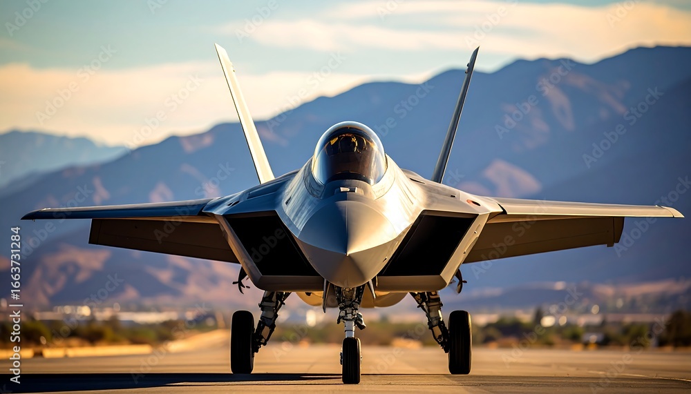 Fototapeta premium Fighter jet on runway, mountains in background