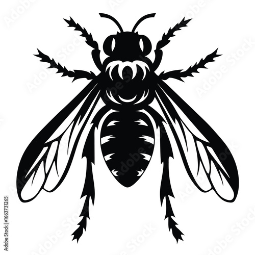 Stylized Black and White Silhouette of a Wasp with Striking Wing Details