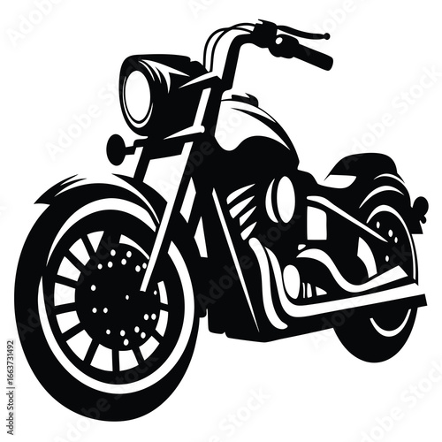 Monochrome illustration of a classic chopper style motorcycle, bold and sleek
