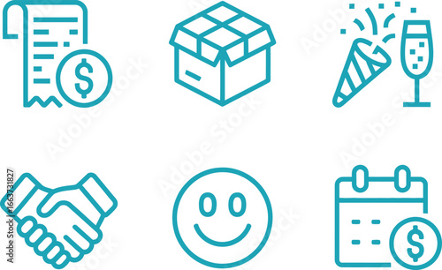Turquoise Outline Icons Set Invoice with Dollar, Open Box, Party, Handshake, Smiley, Calendar
