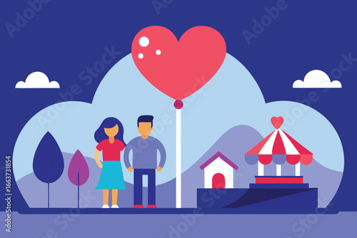 A couple celebrating love with a heart balloon in a park, creating a romantic and joyful scene with colorful and abstract design