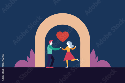 A romantic couple is walking through an archway, holding hands and smiling, celebrating their love and commitment to each other