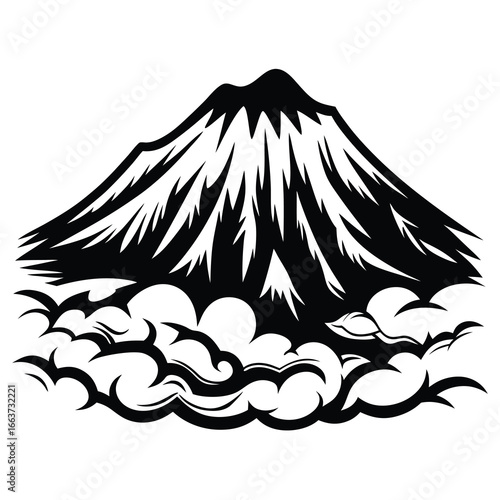 Monochrome mountain peak and swirling clouds in graphic black and white depiction