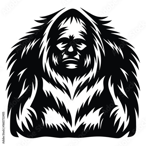 Stylized Black and White Bigfoot Illustration with Furry Texture Design