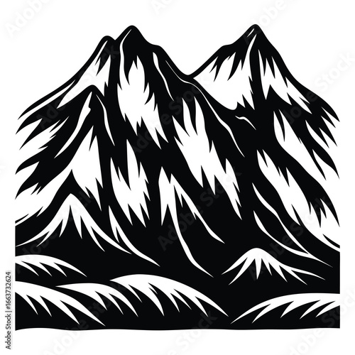 Monochrome mountain range silhouette with sharp peaks and rugged terrain illustration